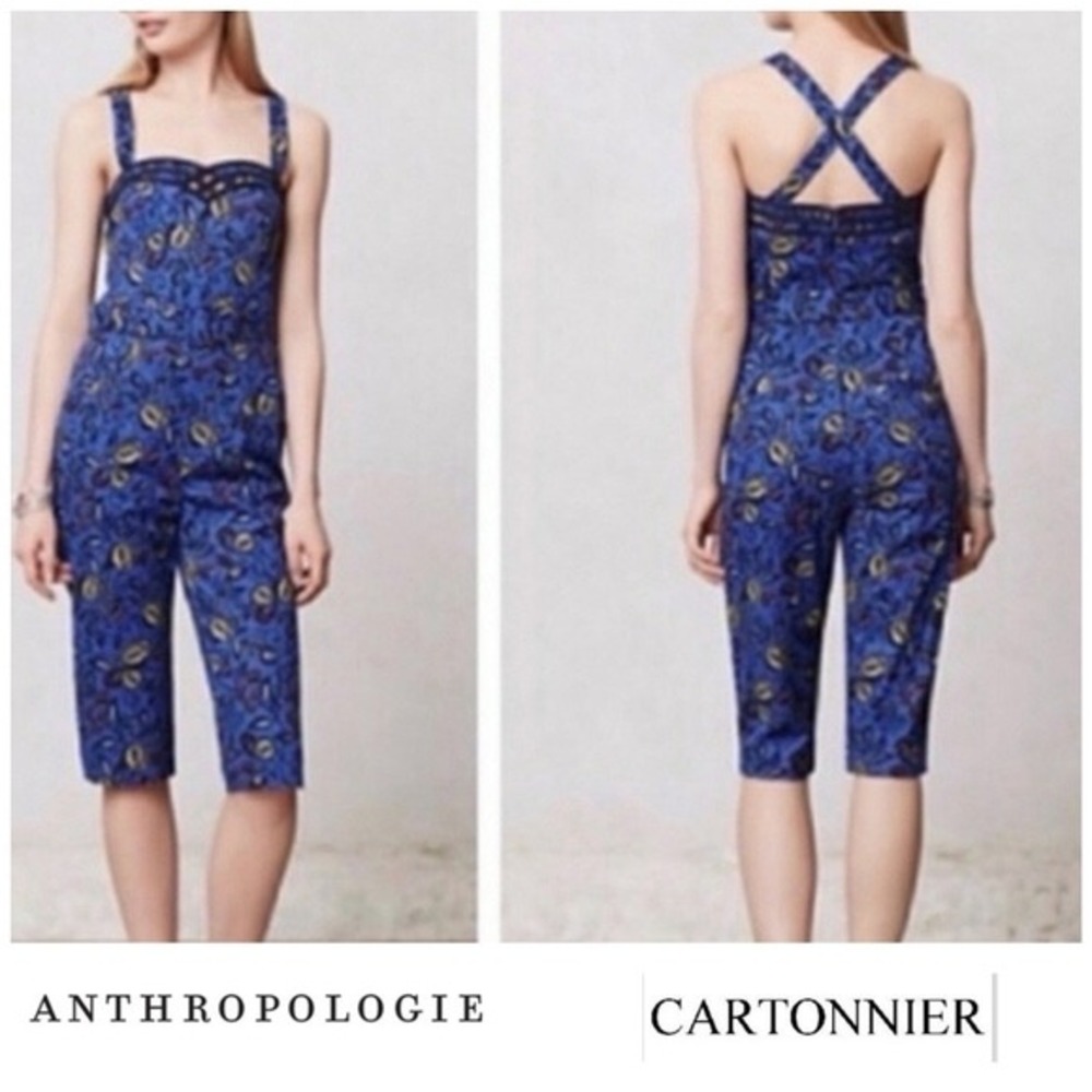 Cartonnier Women 2 Jumpsuit Blue Floral Paisley Belted Capri Strappy Mod Anthro